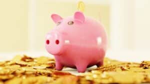 Piggy bank surrounded by money used for retirement